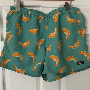 Patagonia Baggie Short, Teal Shorts with Orange Fruit Pattern, size large